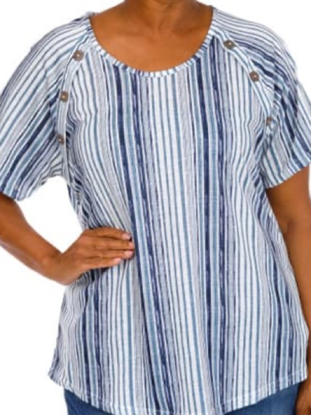 Anneliese Plus size blue striped Short Sleeve Shoulder Button Top beachy summer